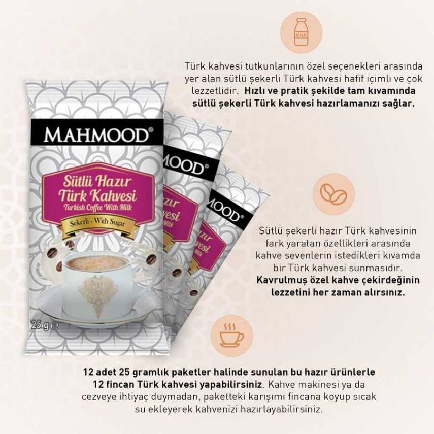 Mahmood Coffee Hazır Türk Kahvesi Sütlü Şekerli 25 g x 12 adet - 4
